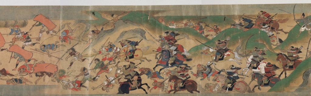 Extrait du Engi Emaki conservé au Kiyomizudera représentant une scène de guerre entre les Emishis et les Japonais. Le récit illustré est bien postérieur, ce sont des samurais qui attaquent des Emishi représentés comme des barbares mal armés mais nettement différents.
