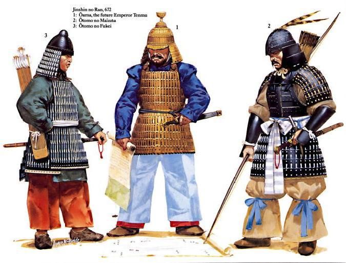 Reconstitutions d'armures trouvées dans les tombes de la période Kôfun et Asuka. Si les armures peuvent évoquer les futures armures de samurais elles sont surtout inspirées de modèles continentaux et leurs porteurs n'ont pas grand chose en commun avec les guerriers des époques suivantes.
